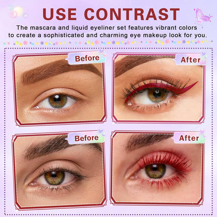 Burgundy Mascara & Eyeliner Set 5D Waterproof Volumizing Red Lash Makeup