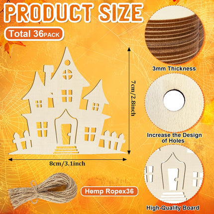 36-Piece DIY Halloween Wooden Ornaments, 12 Styles, Paintable Skull Pumpkin Ghost Bat