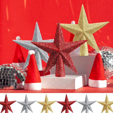 6 PCS Mini Christmas Tree Topper – 4" Glitter Star Ornaments (Silver, Red, Gold)