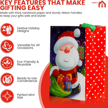 20-Pack Small Christmas Gift Bags – 4x6x2.5" Snowman, Santa & Reindeer