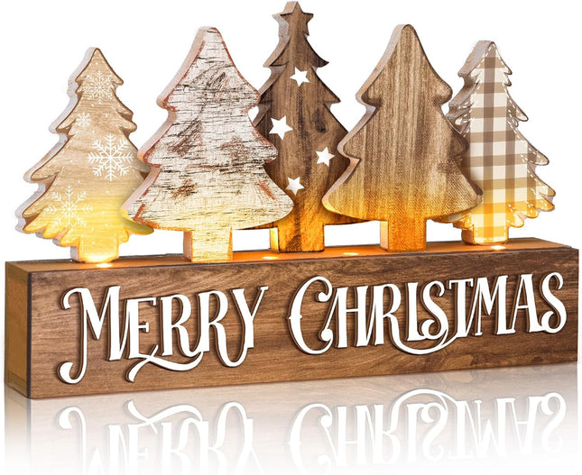 Rustic Lighted Wooden Christmas Tree Decor, Perfect Xmas Table & Office Centerpiece