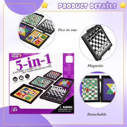 5 in 1 Magnetic Checkers Board Game Travel Chess Set for Adults Teens