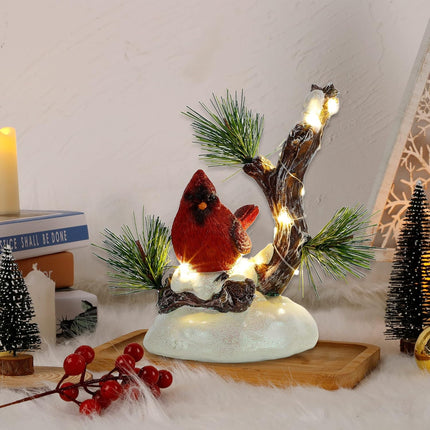 Christmas Tabletop Decor, Lighted Red Cardinal Resin Ornament with LED Lights for Holiday Table