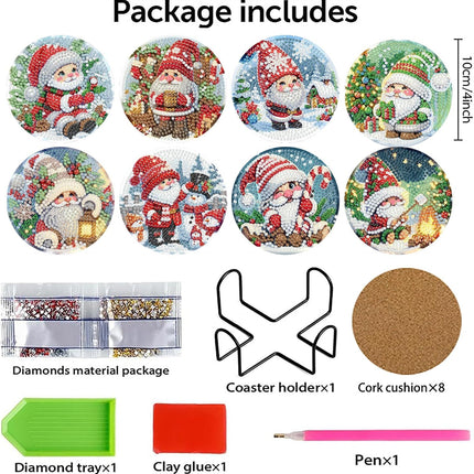 8PCS Christmas Diamond Art Coasters Kits with Holder – 5D DIY Santa Claus Diamond Painting