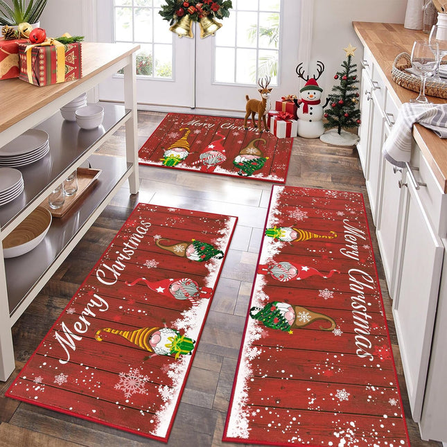 3-Piece Christmas Kitchen Rug Set – Santa Gnome Washable Non-Slip Mats