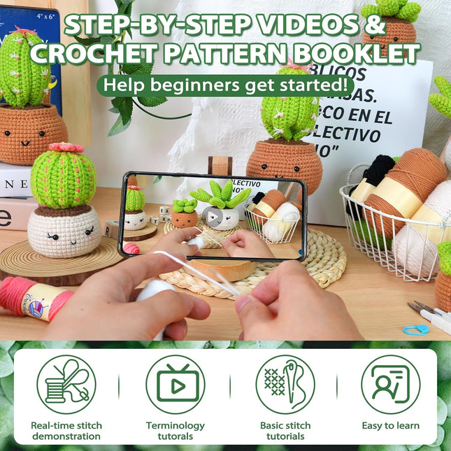 Beginner Crochet Kit for Adults, 4 Plant Projects with Video Tutorials and Extra Yarn