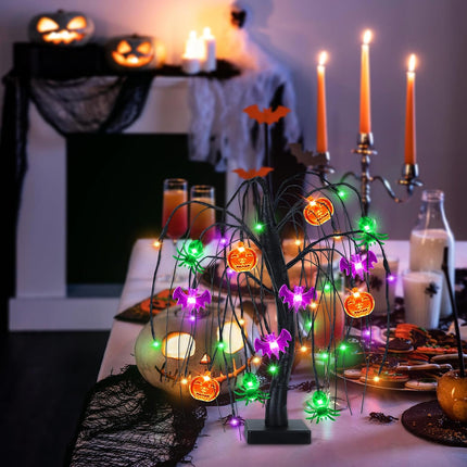 18in Halloween Willow Tree, 36 LED Pumpkin Bat Spider Lights, Timer & USB/Battery