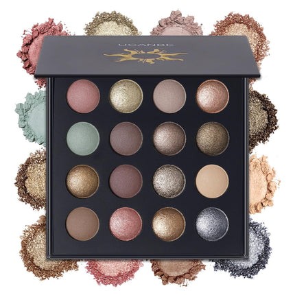 16-Color Baked Eyeshadow Palette, Nude Matte Glitter Metallic Shimmer, Long-Lasting Makeup