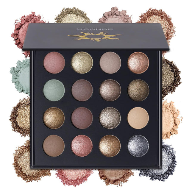 16-Color Baked Eyeshadow Palette, Nude Matte Glitter Metallic Shimmer, Long-Lasting Makeup
