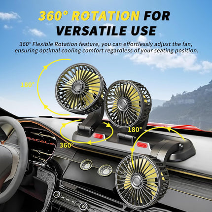 Portable 3-Head Car Cooling Fan, 2-Speed, 360° Rotating, Cigarette Lighter Plug