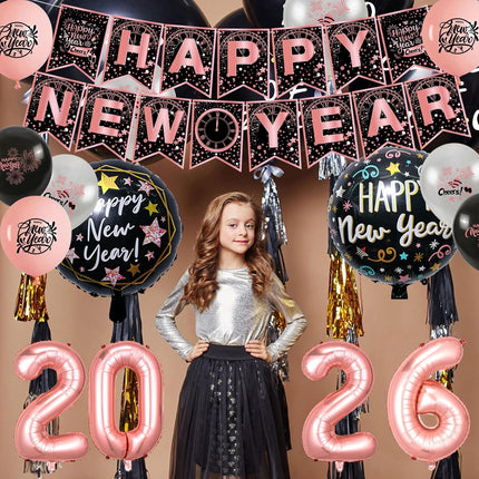 Happy New Year 2026 Decorations – Rose Gold Banner, Balloons & Curtain