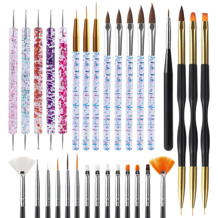 31PCS Nail Art Brushes & Dotting Tools Set, Gel Polish Striping Drawing Brushes DIY Designs