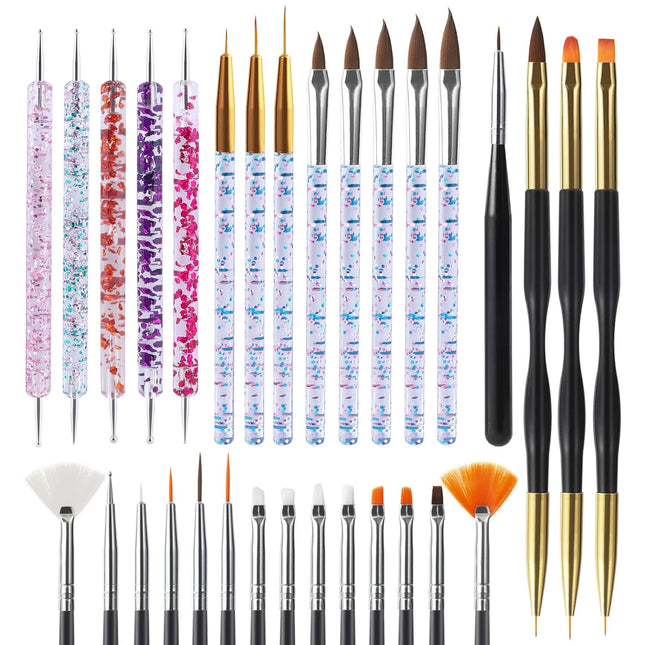 31PCS Nail Art Brushes & Dotting Tools Set, Gel Polish Striping Drawing Brushes DIY Designs