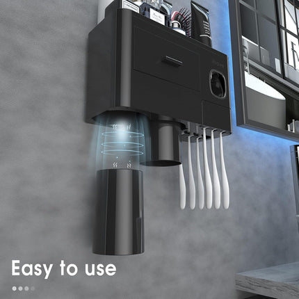 Wall-Mounted Toothbrush Holder with Toothpaste Dispenser, 2 Cups, 6 Slots and Drawer