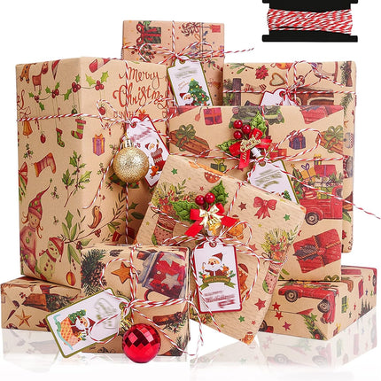 Christmas Wrapping Paper Set 6 Sheets Kraft Gift Tags & Rope Vintage Holiday