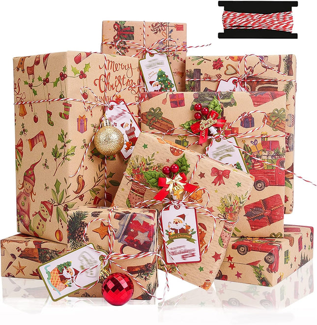 Christmas Wrapping Paper Set 6 Sheets Kraft Gift Tags & Rope Vintage Holiday
