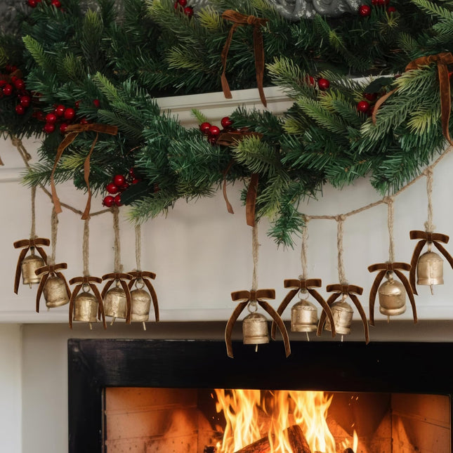 10PCS Rustic Golden Bells & Velvet Bows, Farmhouse Christmas Tree Ornaments Set