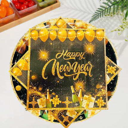 48-Piece Happy New Year Disposable Tableware – Gold Plates & Napkins