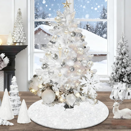 24" White Velvet Mini Tree Skirt – Glitter Sequin Small Tabletop Christmas Decor