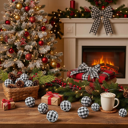 12PCS Buffalo Plaid Christmas Balls – Fabric-Wrapped Buffalo Check Ornaments for Bowl Filler
