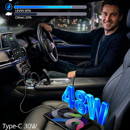 Bluetooth 5.4 FM Transmitter Car Adapter 48W Fast Charger Hands Free