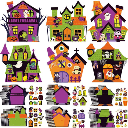 48-Pack Halloween Haunted House Craft Kits, DIY Sticker Activity, 6 Designs