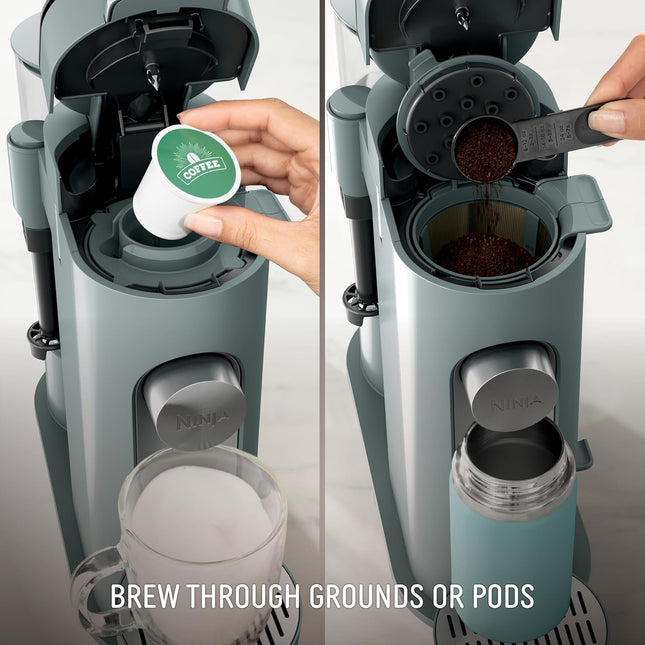 Pods & Grounds Single Serve Coffee Maker with Milk Frother Sage Green