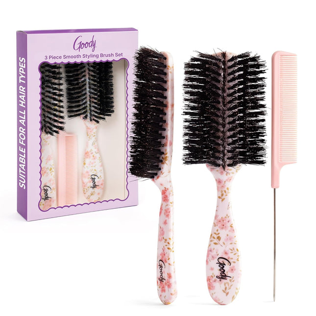 3-Piece Hairbrush Set – Boar Bristle, Volume Brush & Rat-Tail Comb, Floral