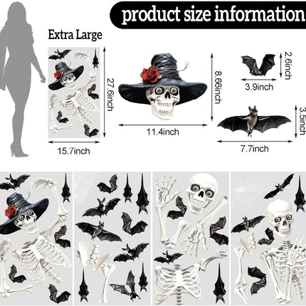 4-Sheet Extra Large Halloween Window Clings, Skeleton & Bat Stickers for Decor