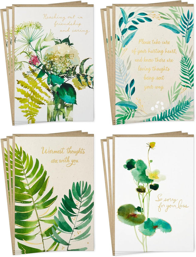 12-Pack Sympathy Cards with Envelopes, Watercolor Greenery Condolence Cards Assortment