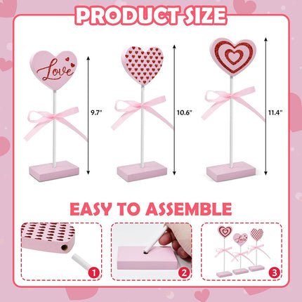3 Pcs Valentine’s Day Tiered Tray Decor Set: Pink Wooden Heart Signs for Home