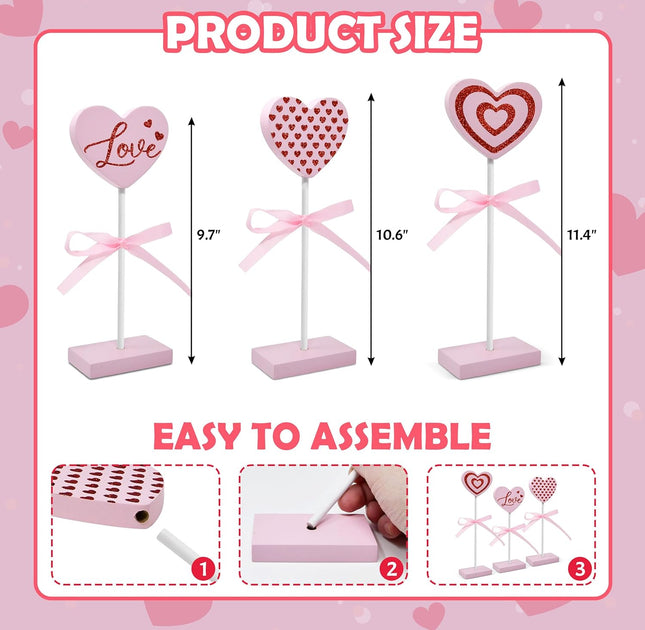 3 Pcs Valentine’s Day Tiered Tray Decor Set: Pink Wooden Heart Signs for Home