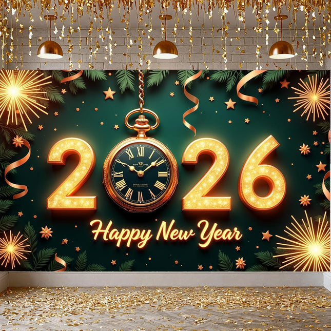 Happy New Year 2026 Party Banner – Glitter Photo Booth Backdrop