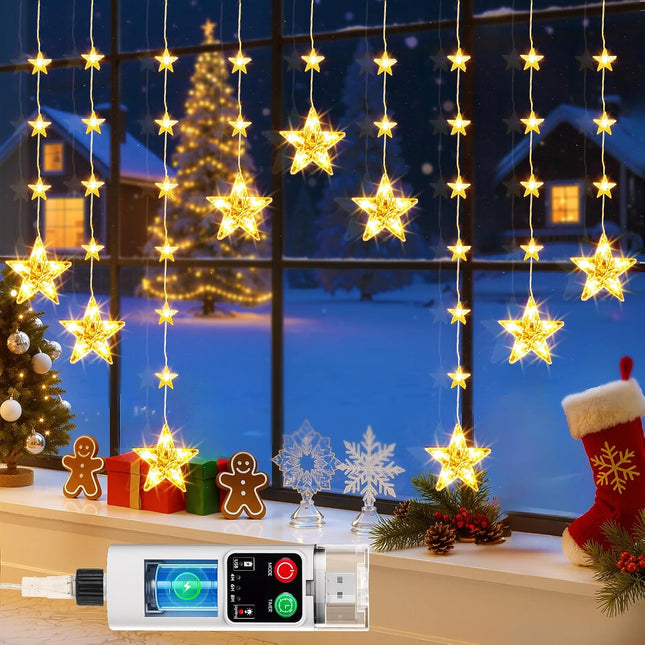 76 LED Star Curtain Lights IP65 Waterproof Rechargeable Christmas Window Lights