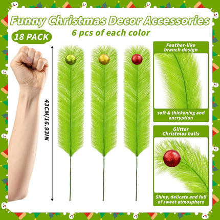 18PCS Christmas Tree Picks 17" | Lime Green Curly Stems with Glitter Balls
