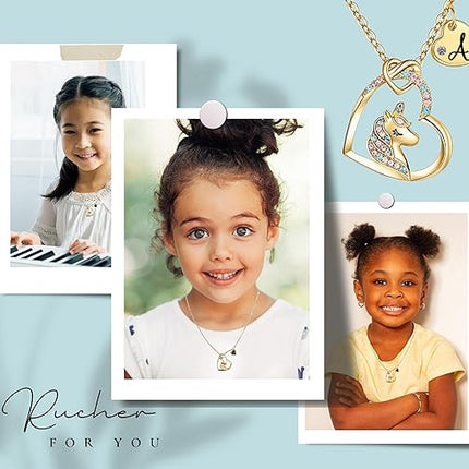 Unicorn Heart Necklace for Kids with Initial Pendant 18K Gold Plated