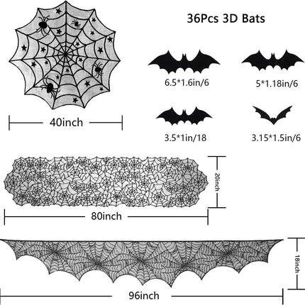 39-Piece Halloween Spiderweb Decor Set, Lace Tablecloth, Runner & Bat Stickers