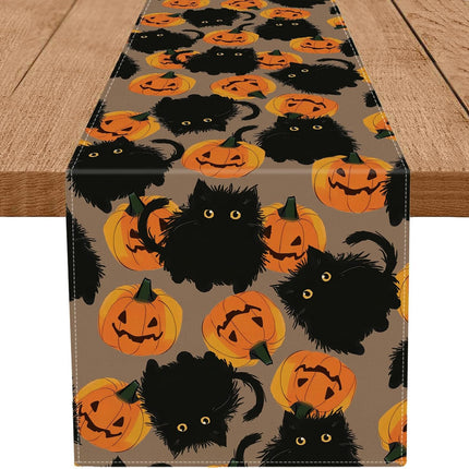 Halloween Table Runner 13x72in, Black Cat & Pumpkin Seasonal Dining Table Decor