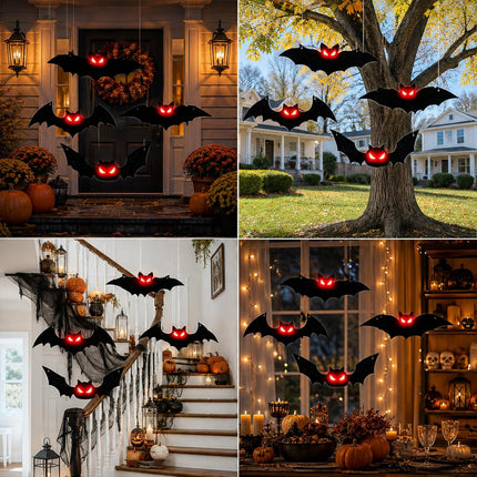 4-Piece Lighted Halloween Hanging Bats, Red Glow Eyes, Waterproof Indoor Outdoor Decor