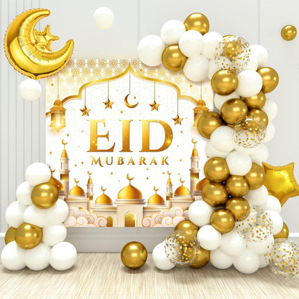 70 PCS Eid Mubarak Decorations – White & Gold Balloons, Moon & Star Foil