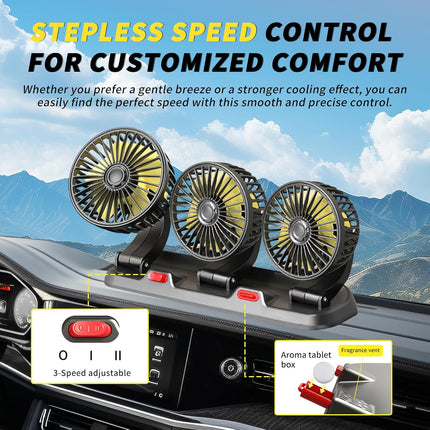 Portable 3-Head Car Cooling Fan, 2-Speed, 360° Rotating, Cigarette Lighter Plug