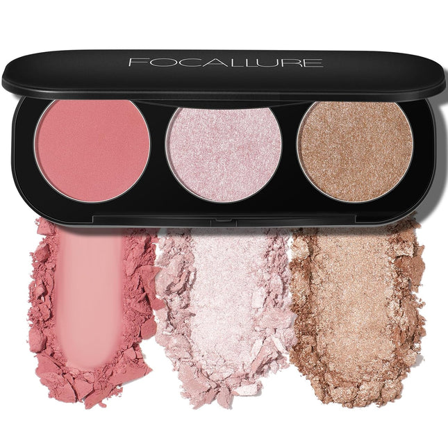 3-in-1 Blush & Highlighter Palette #03, Matte Shimmer Powder Makeup, Cruelty-Free Glow