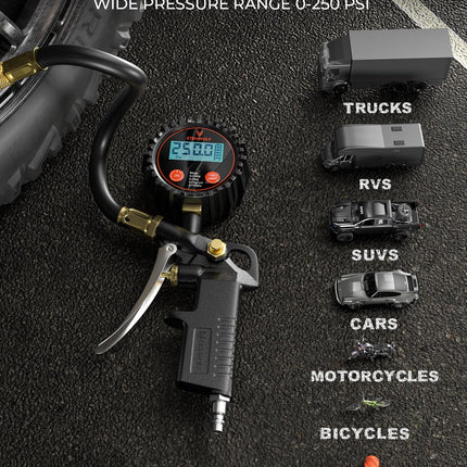 T500 Digital Tire Pressure Gauge with Inflator – 0-250 PSI, Calibrated to ANSI B40.7 Grade 2A