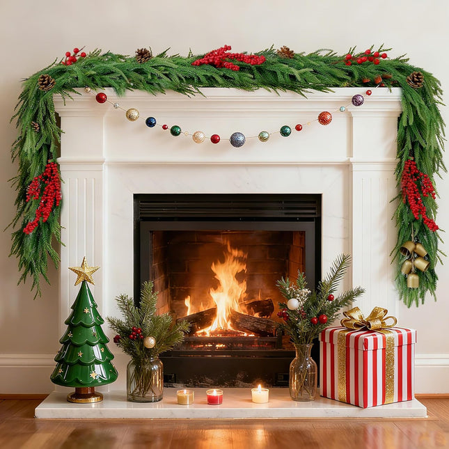 Christmas Garland 6FT – Lit Norfolk Pine with Pinecones, Berries & Bells