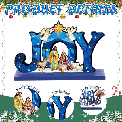 3-Pc Wooden Nativity Table Decor – Christian Christmas Centerpiece Set (Blue)
