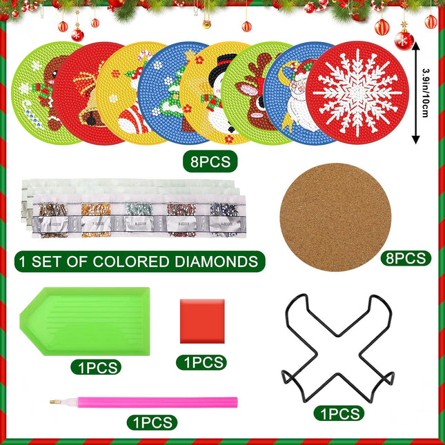 8 PCS Christmas Diamond Art Coasters with Holder DIY Craft Kit for Adults & Kids