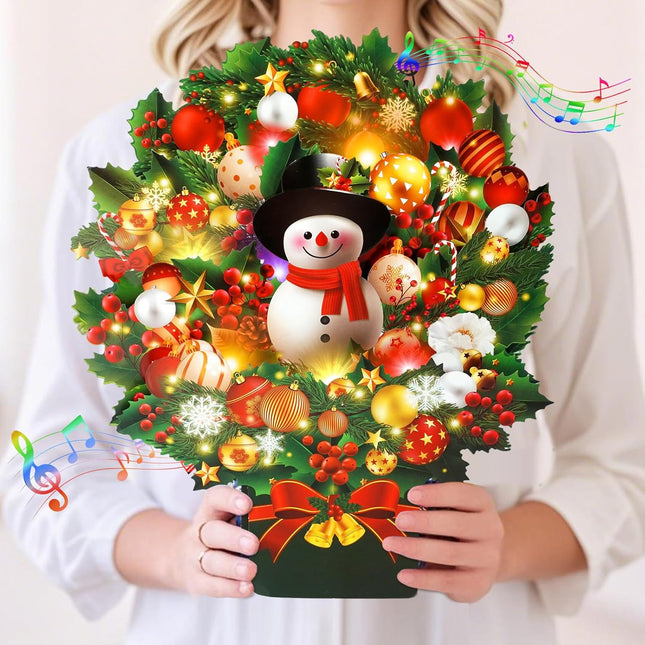 Christmas Popup Card with Music & Lights, Snowman Bouquet Holiday Greeting