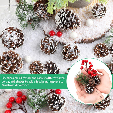 115Pcs Pine Cone Christmas Set, Natural Snow Pinecones & Berry Pine Branches Winter Holiday Decor
