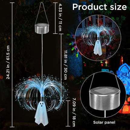 2-Pack 2FT Solar Fiber Optic Ghost Lights, Cool White Hanging Halloween Yard Decor
