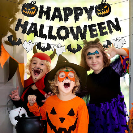 Black Glitter Happy Halloween Banner, Pumpkin Ghost Bat Garland for Party Decor